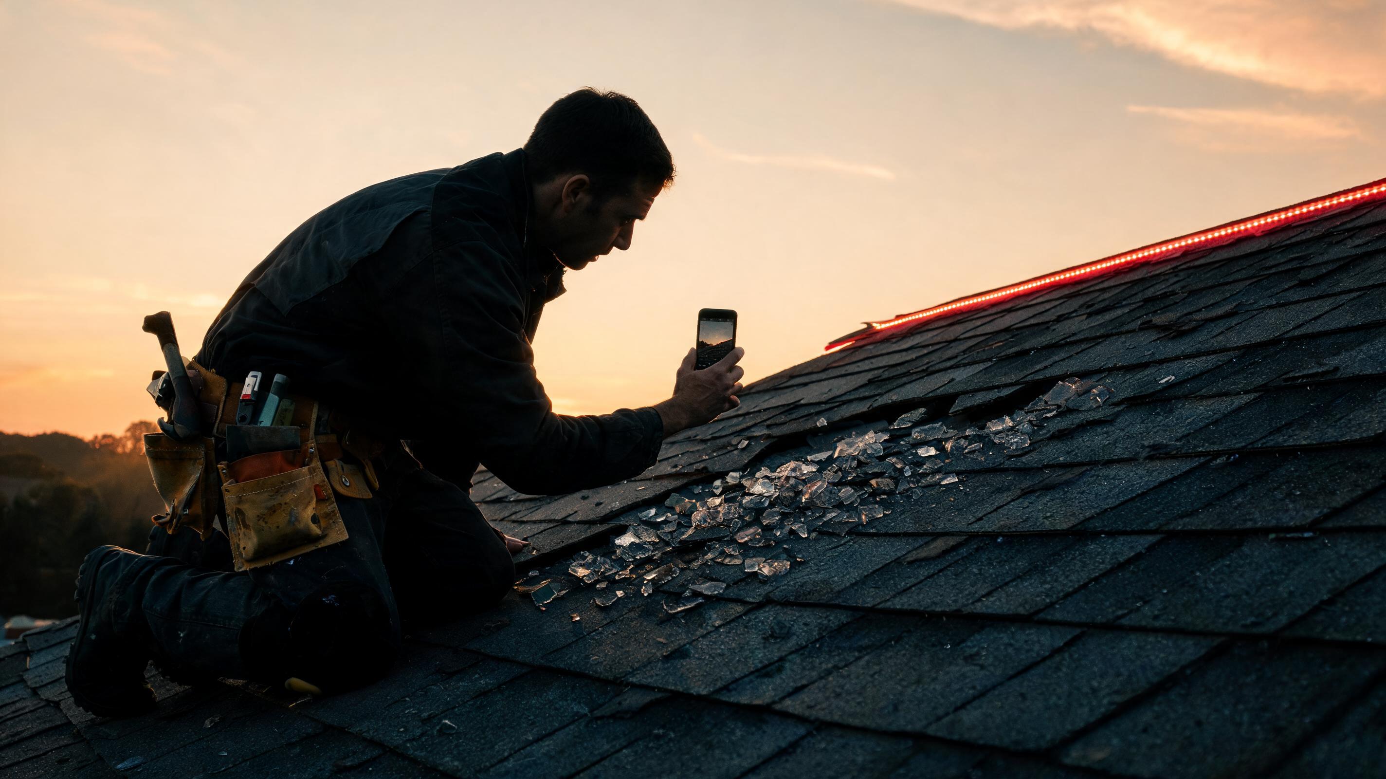 Roofing contractor photographing hail damage on a shingle roof at sunset